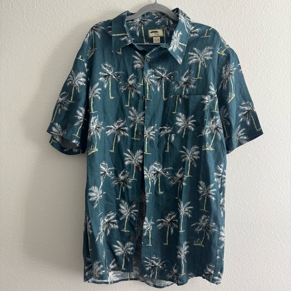 Kiko Bay Men’s Linen Hawaiian Palm Tree Blue Short Sleeve Shirt Size Medium
